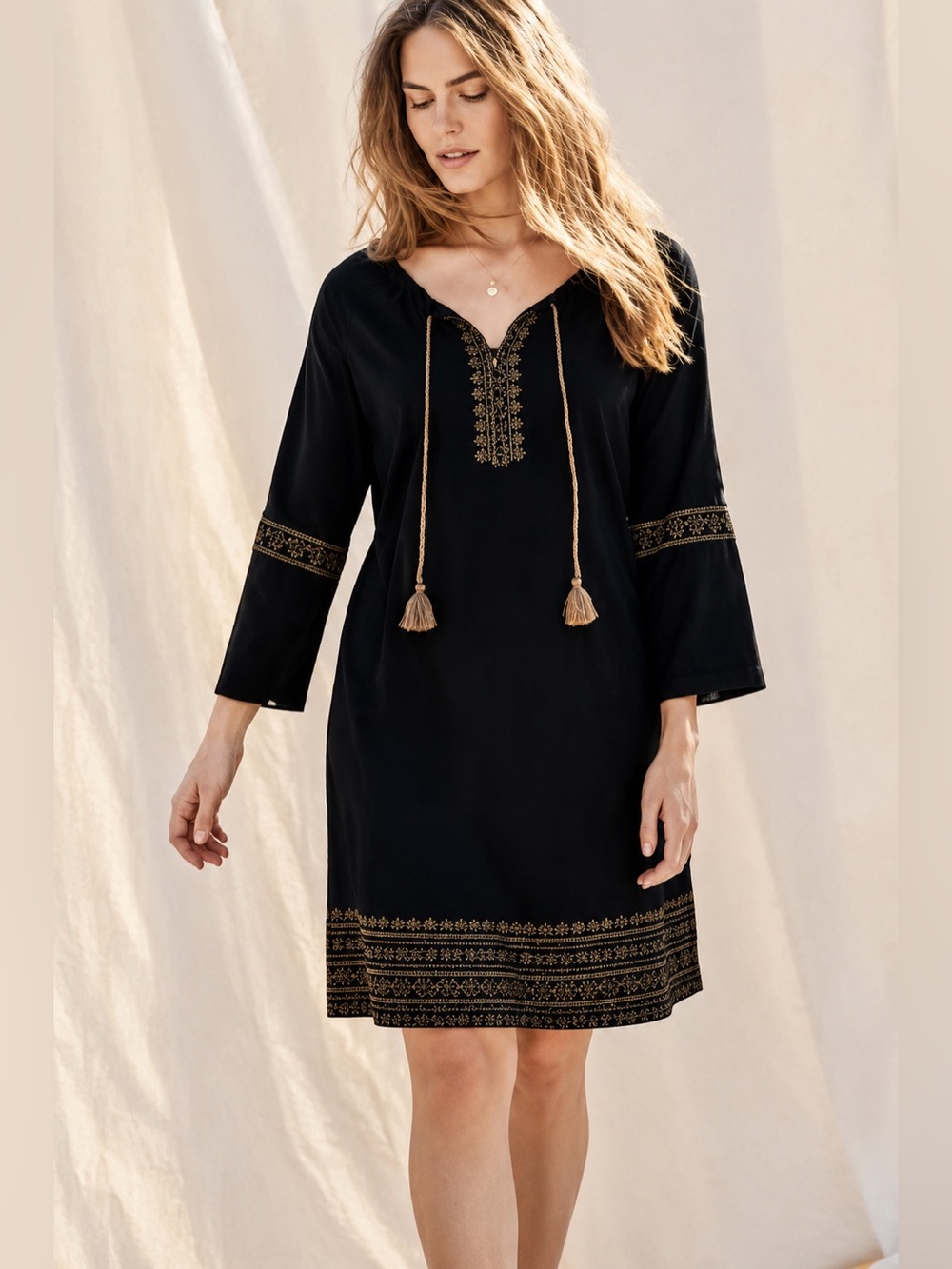 J. Jill Embroidered Peasant Dress Small Black Boho Tassel Tie Tunic NWT
